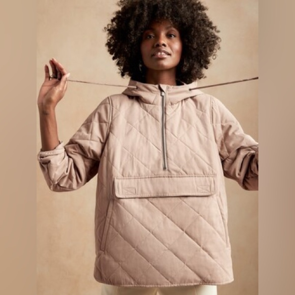 Banana Republic Quilted Half-Zip Hooded Anorak - Size XS - Beige -